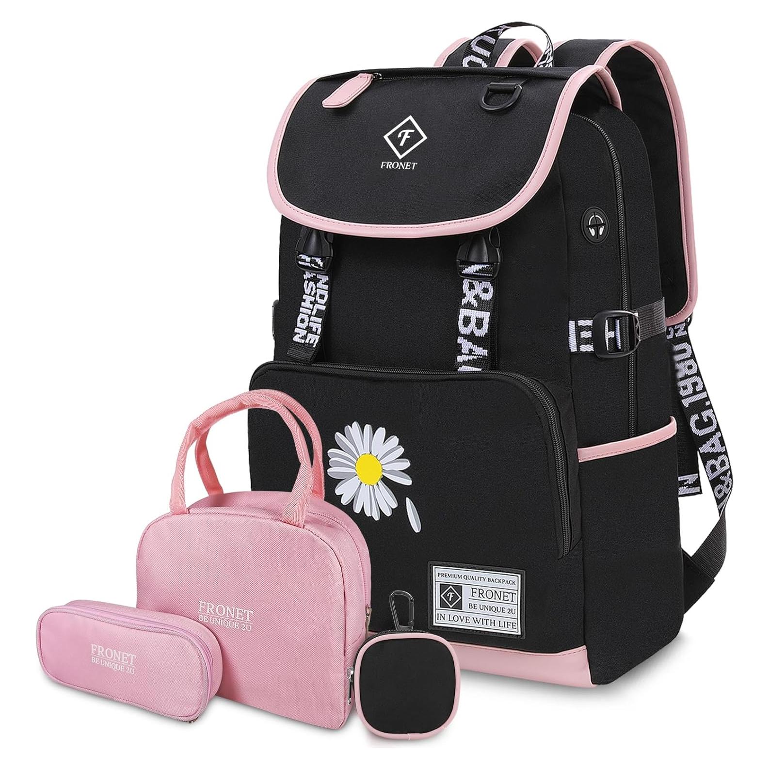 Mochila Escolar FRONET Rosa para Niñas 28L con Estuche y Almuerzo