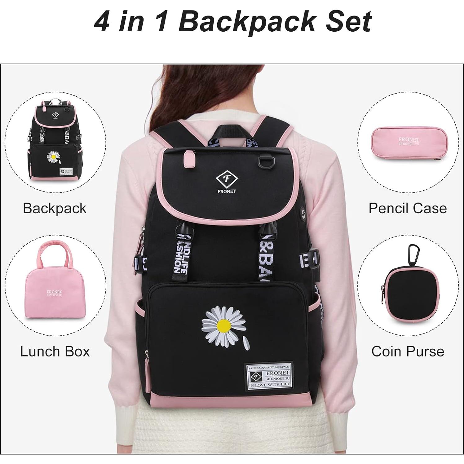 Mochila Escolar FRONET Rosa para Niñas 28L con Estuche y Almuerzo