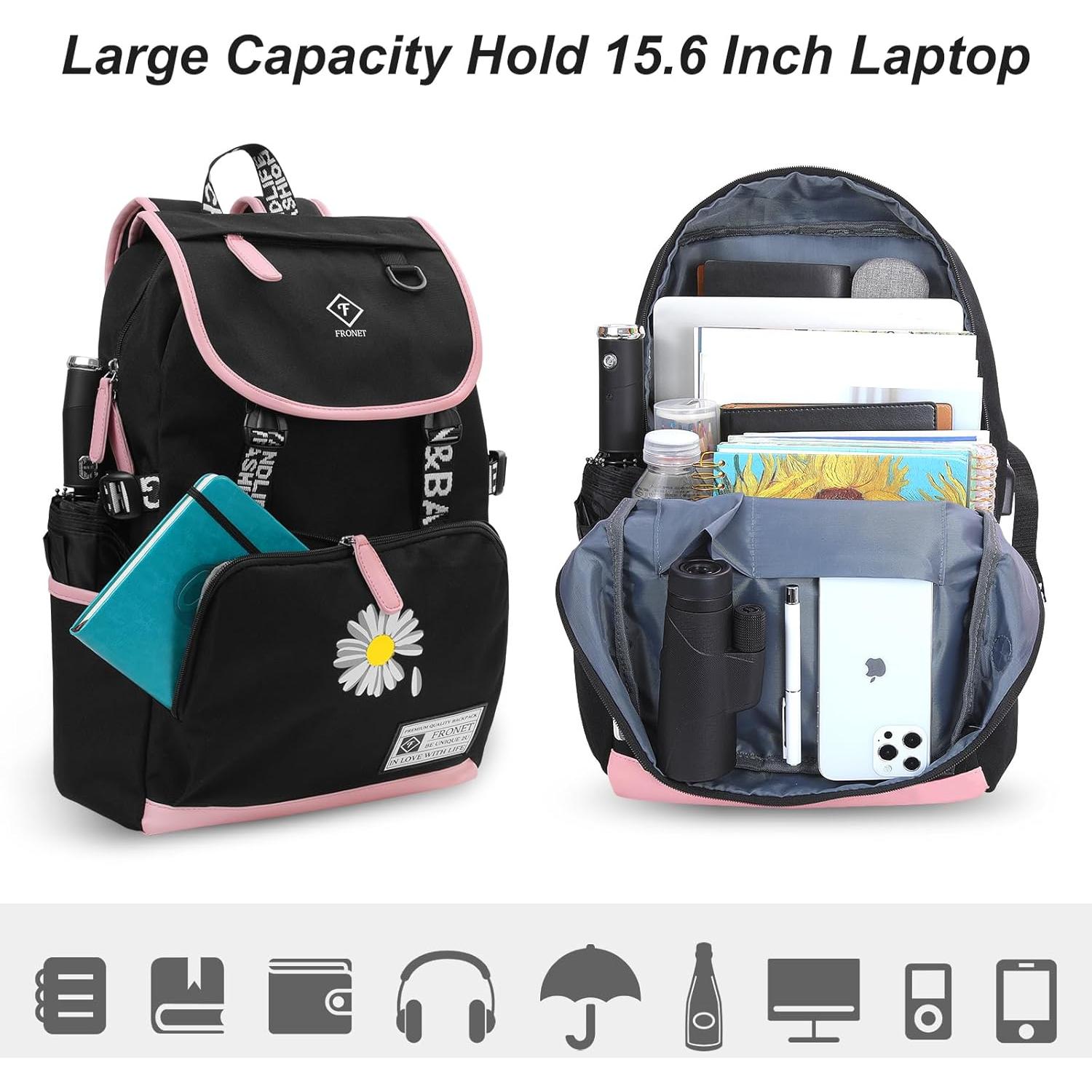 Mochila Escolar FRONET Rosa para Niñas 28L con Estuche y Almuerzo