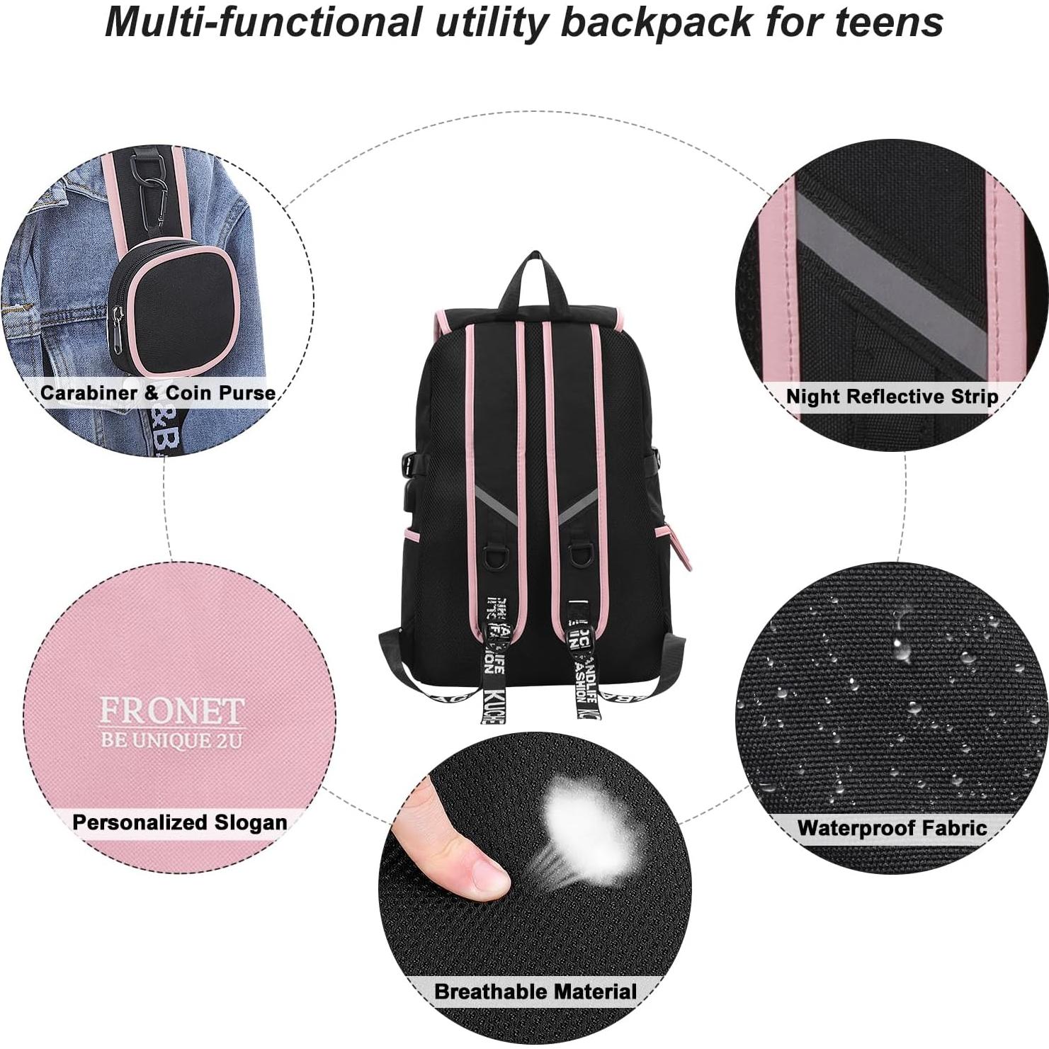 Mochila Escolar FRONET Rosa para Niñas 28L con Estuche y Almuerzo