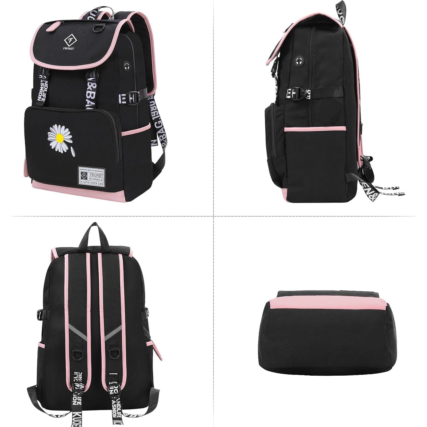 Mochila Escolar FRONET Rosa para Niñas 28L con Estuche y Almuerzo