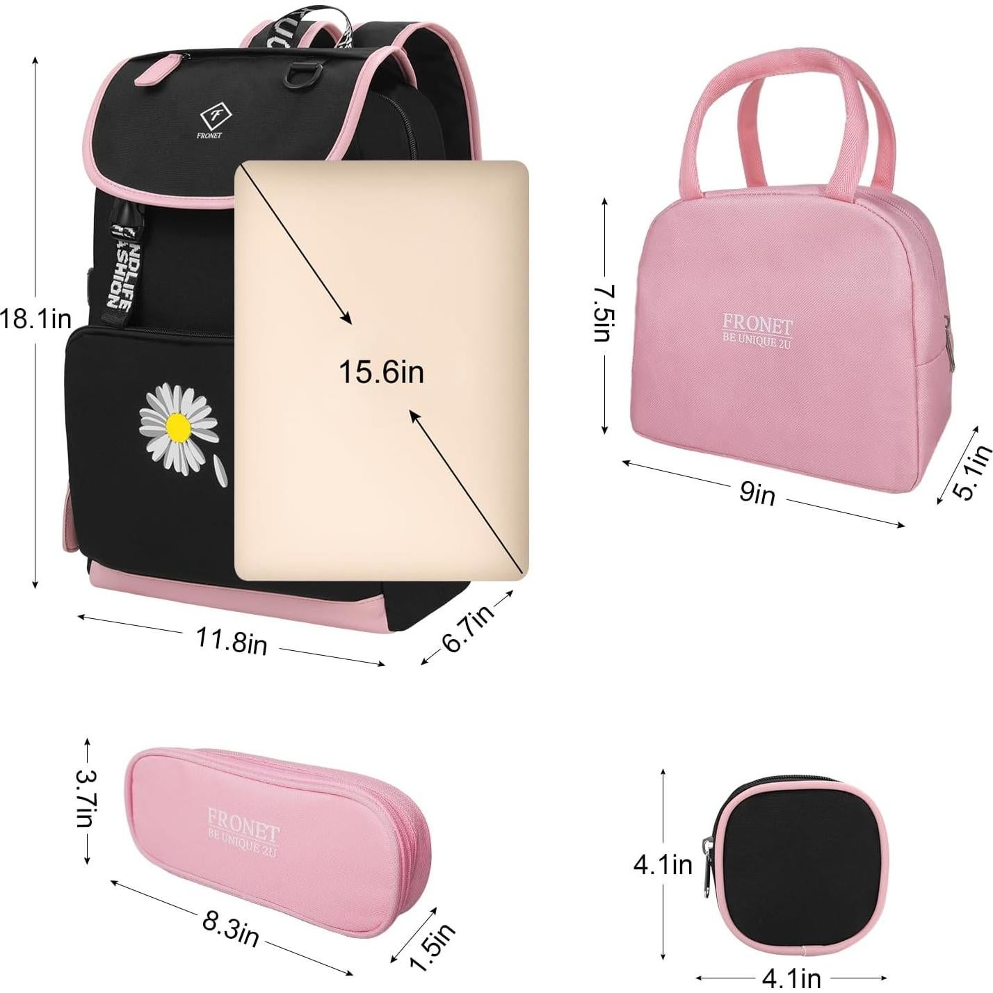 Mochila Escolar FRONET Rosa para Niñas 28L con Estuche y Almuerzo