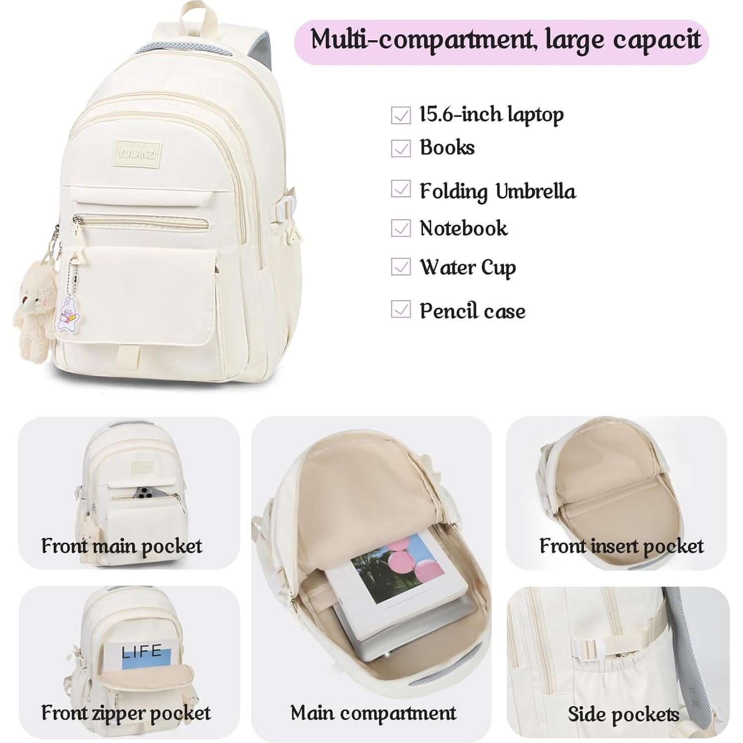 Mochila Escolar Estética PRLINJSK Beige 30.7x16.8x44.5 cm