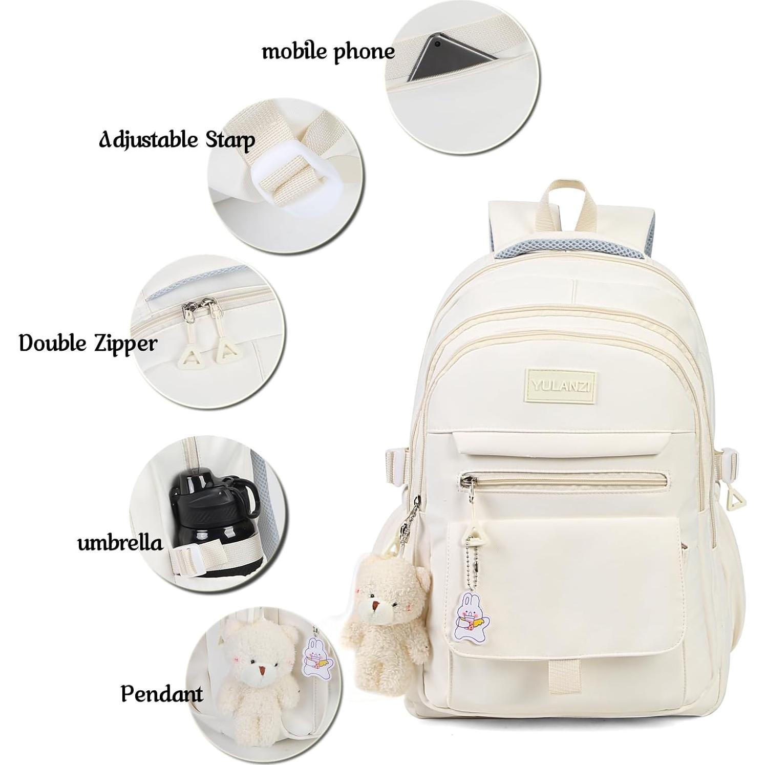 Mochila Escolar Estética PRLINJSK Beige 30.7x16.8x44.5 cm