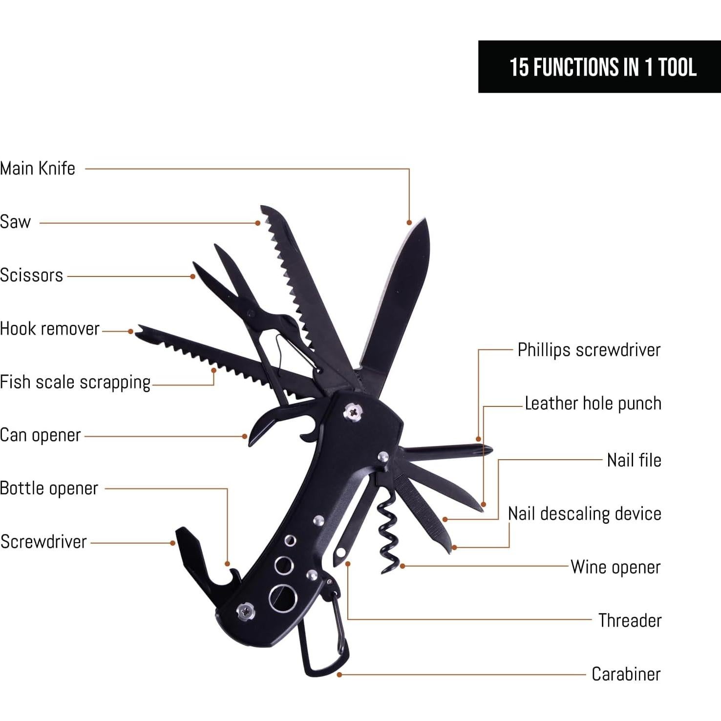 Cuchillo Multiherramienta 15 en 1 THE BRISK BARREL - Acero Inoxidable