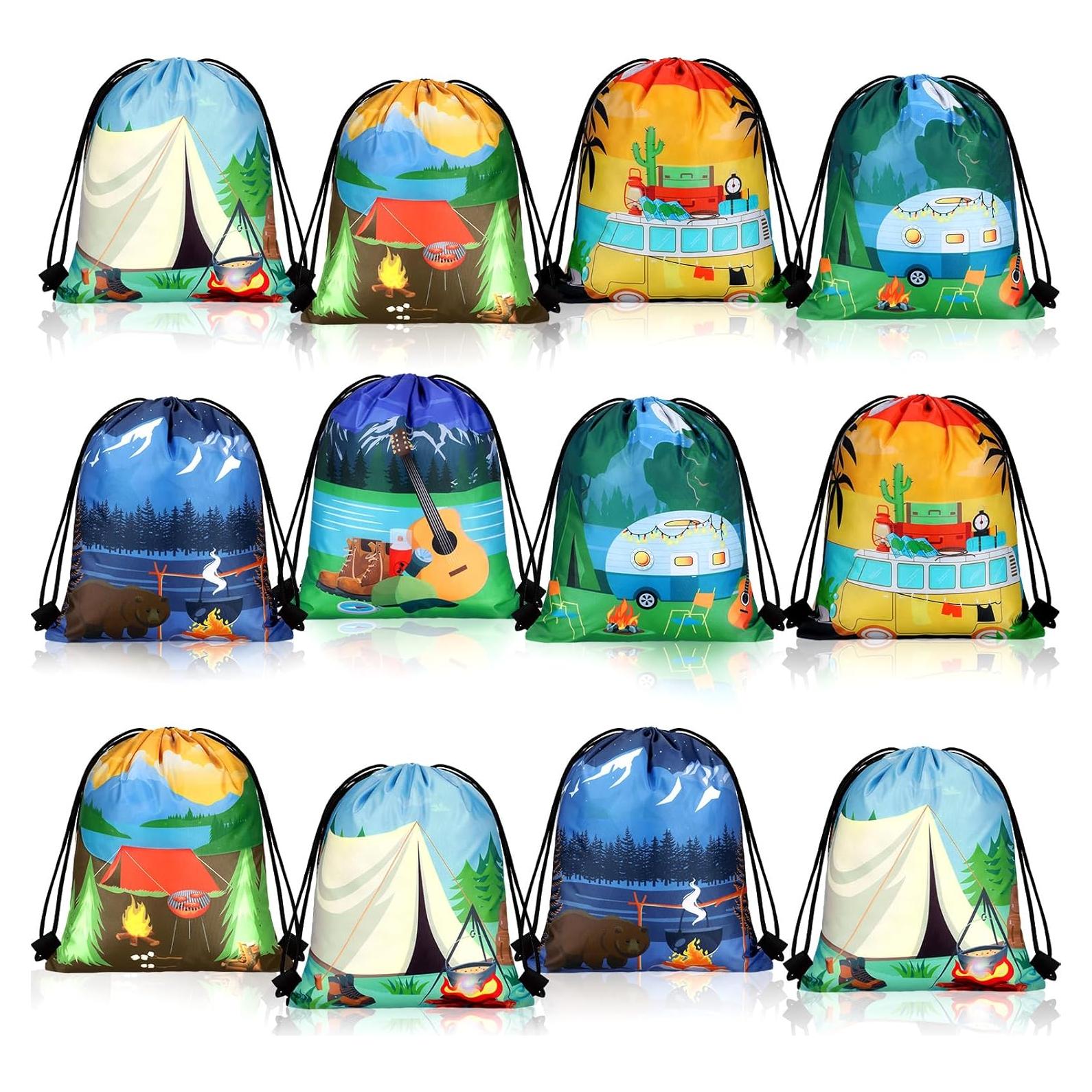Woanger 24 Pieces Camping Party Favors Camping Adventure Drawstring Bags Car Drawstring Goodie Candy Bags Backpack Birthday Party Supplies for Boys Kids
