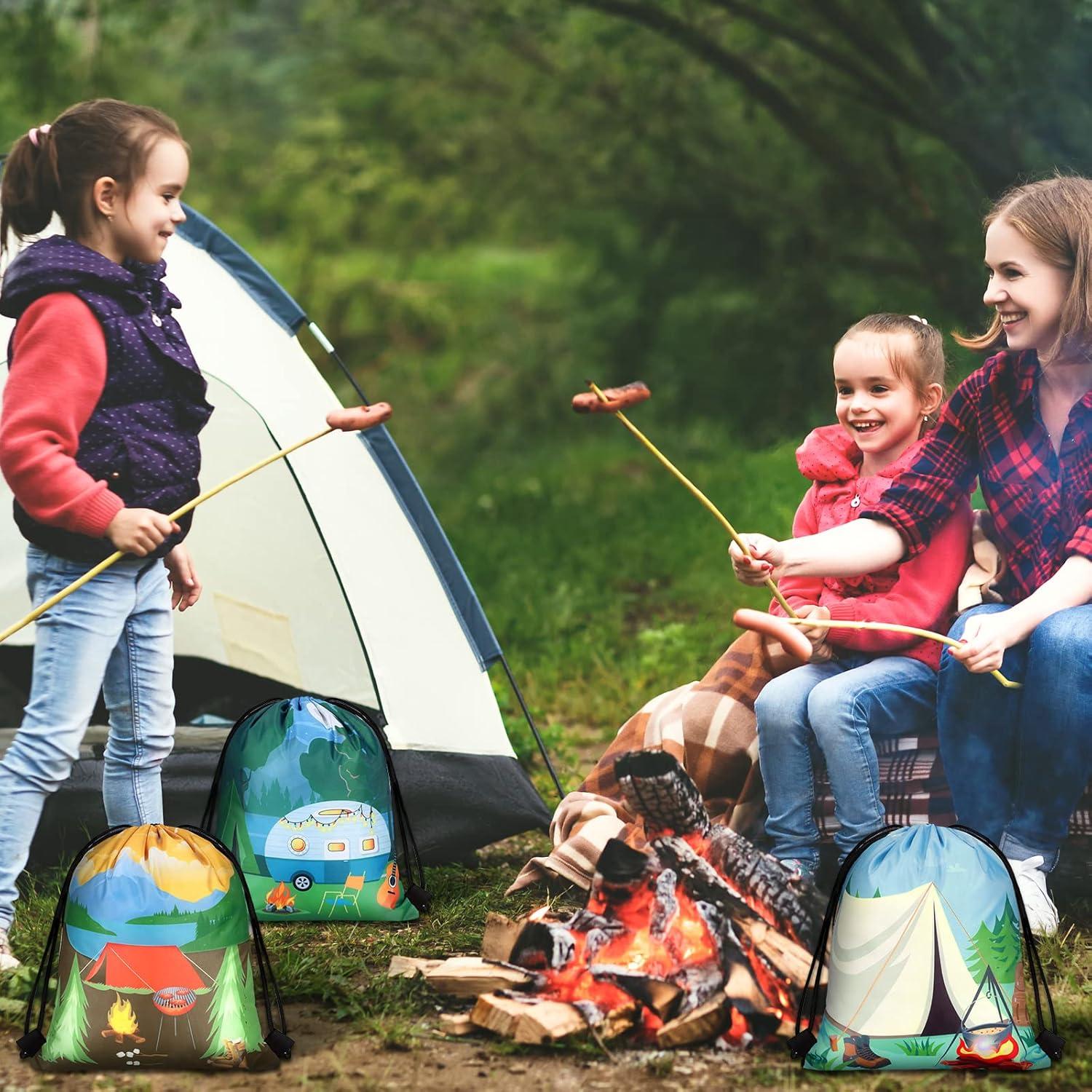 Woanger 24 Pieces Camping Party Favors Camping Adventure Drawstring Bags Car Drawstring Goodie Candy Bags Backpack Birthday Party Supplies for Boys Kids