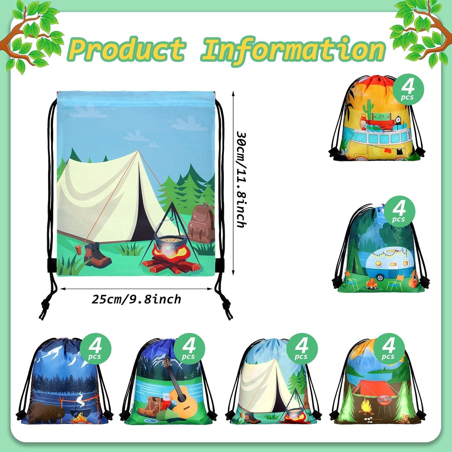 Woanger 24 Pieces Camping Party Favors Camping Adventure Drawstring Bags Car Drawstring Goodie Candy Bags Backpack Birthday Party Supplies for Boys Kids