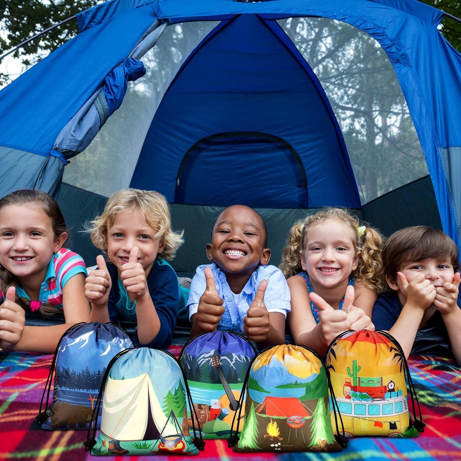 Woanger 24 Pieces Camping Party Favors Camping Adventure Drawstring Bags Car Drawstring Goodie Candy Bags Backpack Birthday Party Supplies for Boys Kids