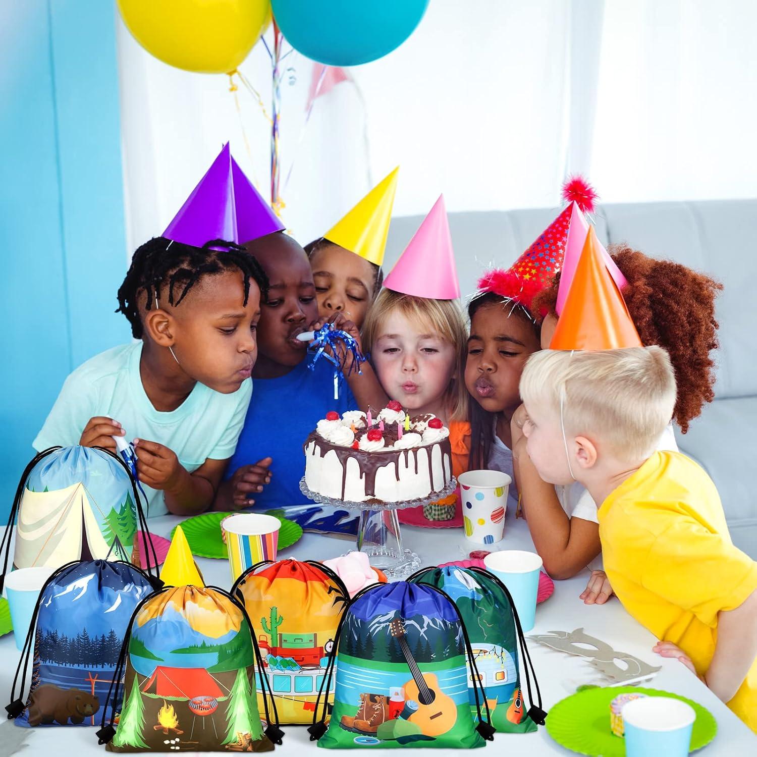 Woanger 24 Pieces Camping Party Favors Camping Adventure Drawstring Bags Car Drawstring Goodie Candy Bags Backpack Birthday Party Supplies for Boys Kids