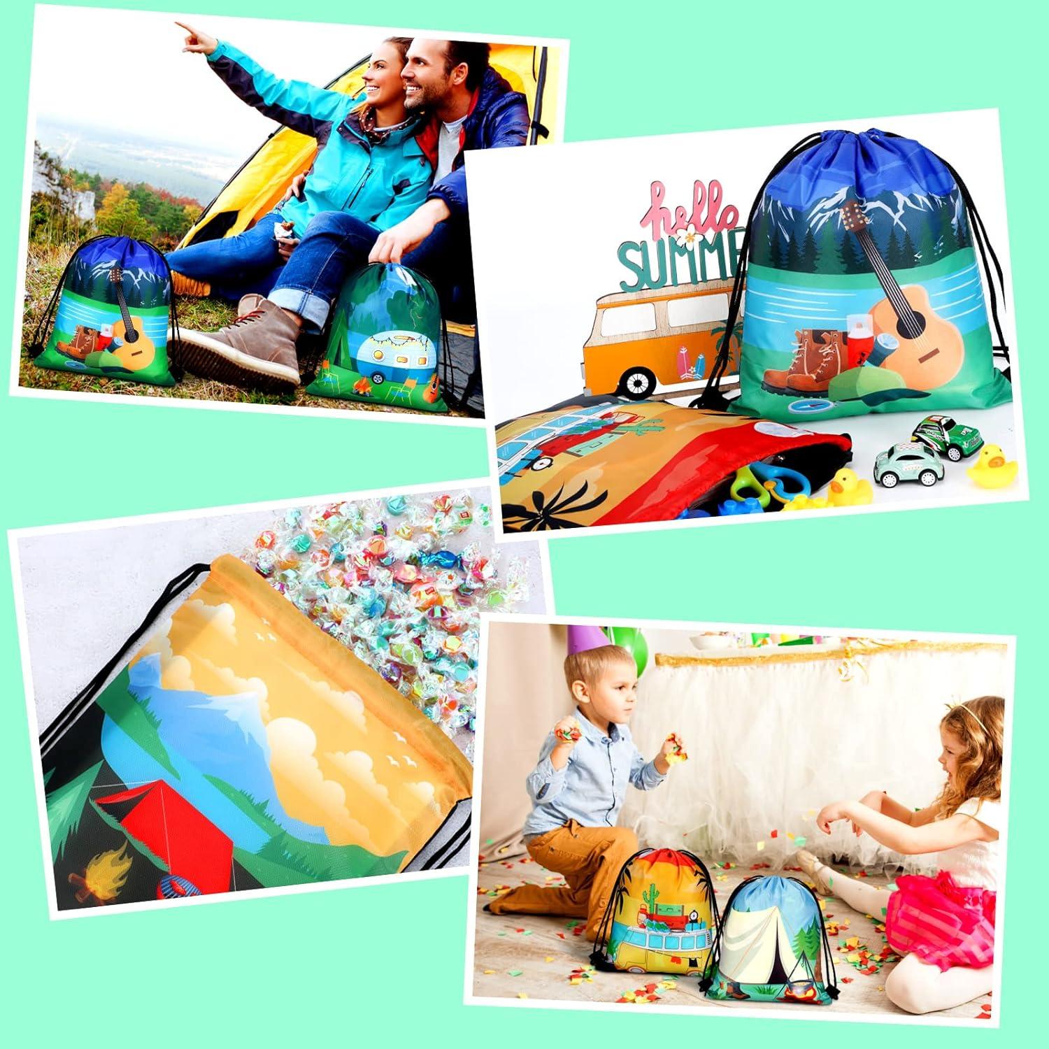 Woanger 24 Pieces Camping Party Favors Camping Adventure Drawstring Bags Car Drawstring Goodie Candy Bags Backpack Birthday Party Supplies for Boys Kids