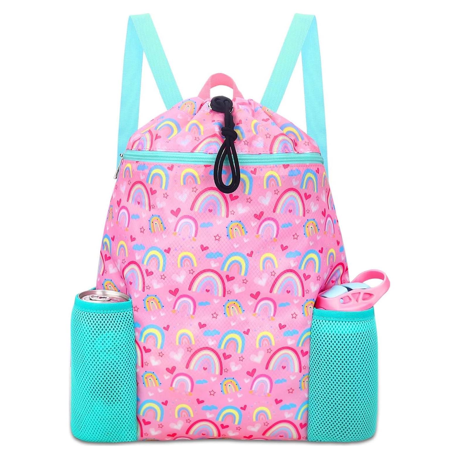 RHCPFOVR Rainbow Drawstring Backpack for Kids - Drawstring Bags for Girls Swim Bag for Beach Swimming Pool Lightweight Draw String Bags Waterproof Sports Gym Bag With Two Water Bottle Holder