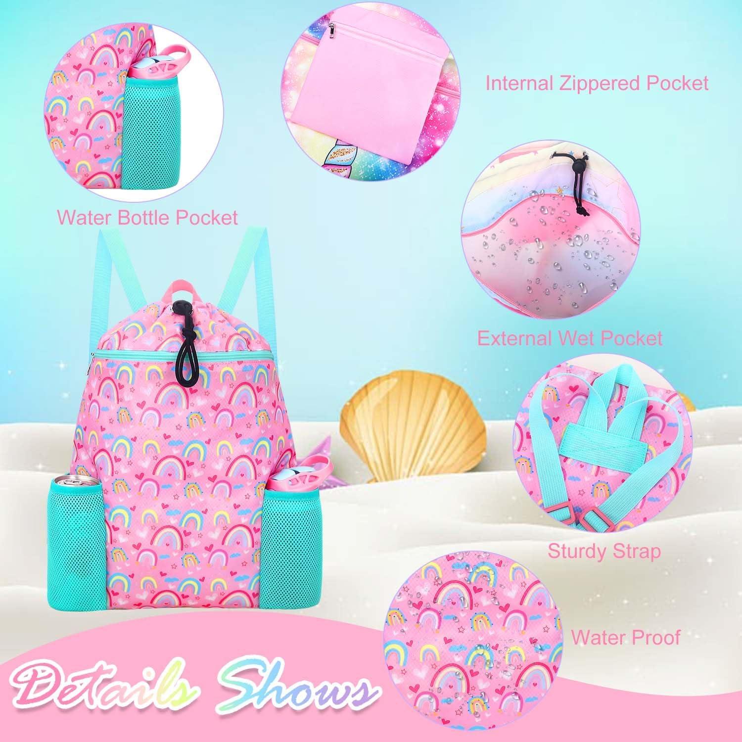 RHCPFOVR Rainbow Drawstring Backpack for Kids - Drawstring Bags for Girls Swim Bag for Beach Swimming Pool Lightweight Draw String Bags Waterproof Sports Gym Bag With Two Water Bottle Holder