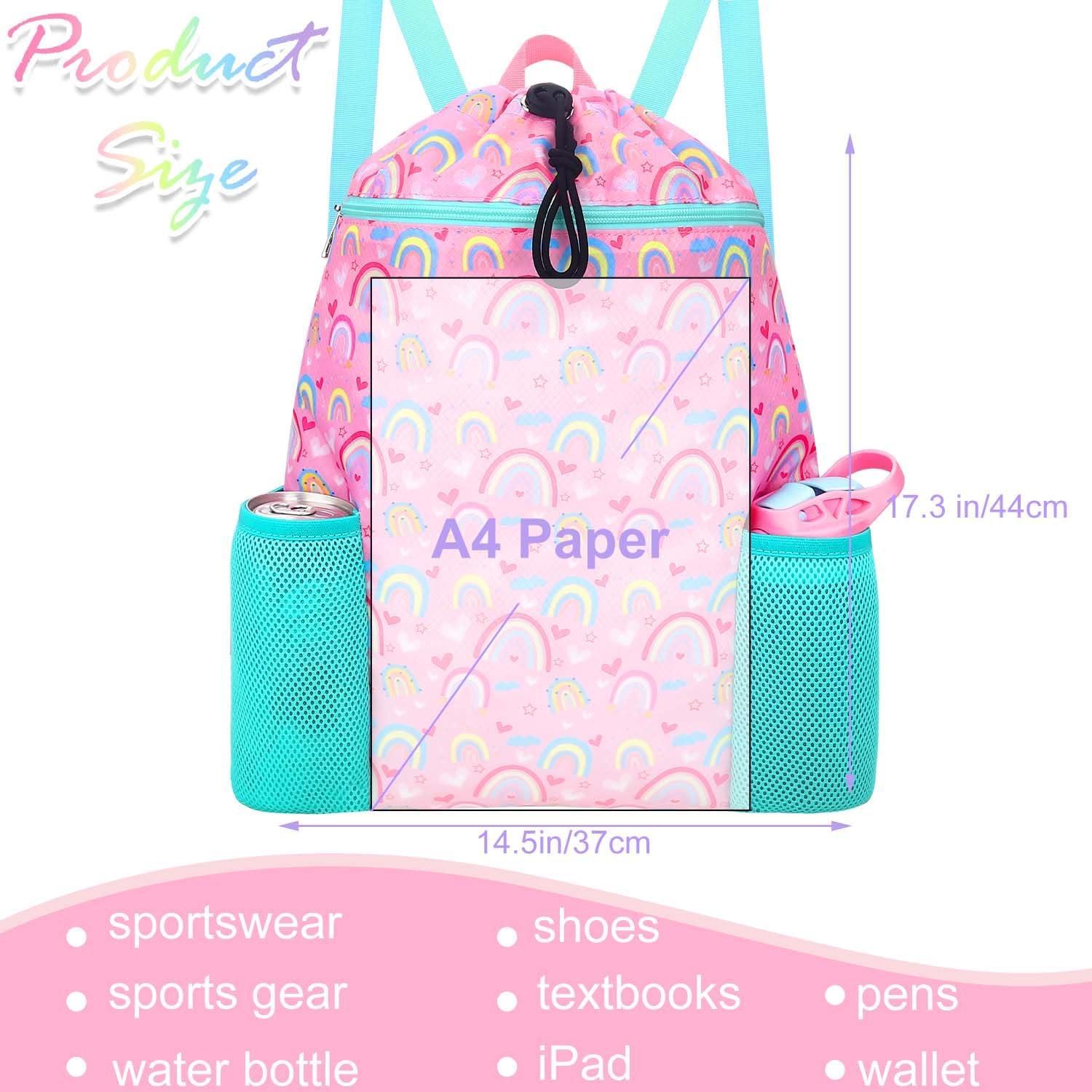 RHCPFOVR Rainbow Drawstring Backpack for Kids - Drawstring Bags for Girls Swim Bag for Beach Swimming Pool Lightweight Draw String Bags Waterproof Sports Gym Bag With Two Water Bottle Holder