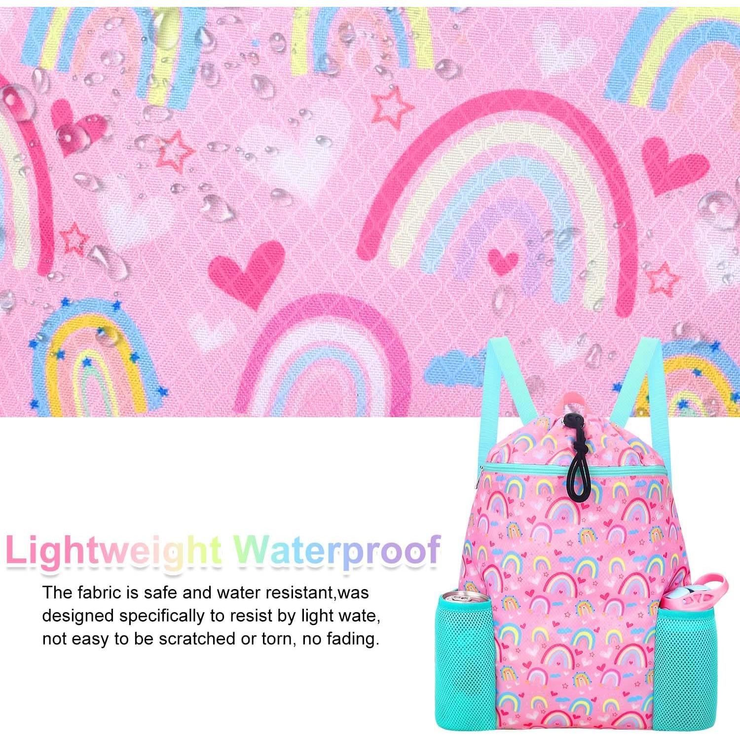 RHCPFOVR Rainbow Drawstring Backpack for Kids - Drawstring Bags for Girls Swim Bag for Beach Swimming Pool Lightweight Draw String Bags Waterproof Sports Gym Bag With Two Water Bottle Holder