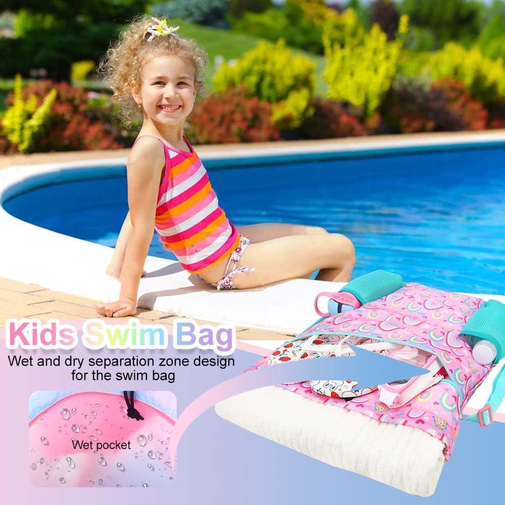 RHCPFOVR Rainbow Drawstring Backpack for Kids - Drawstring Bags for Girls Swim Bag for Beach Swimming Pool Lightweight Draw String Bags Waterproof Sports Gym Bag With Two Water Bottle Holder