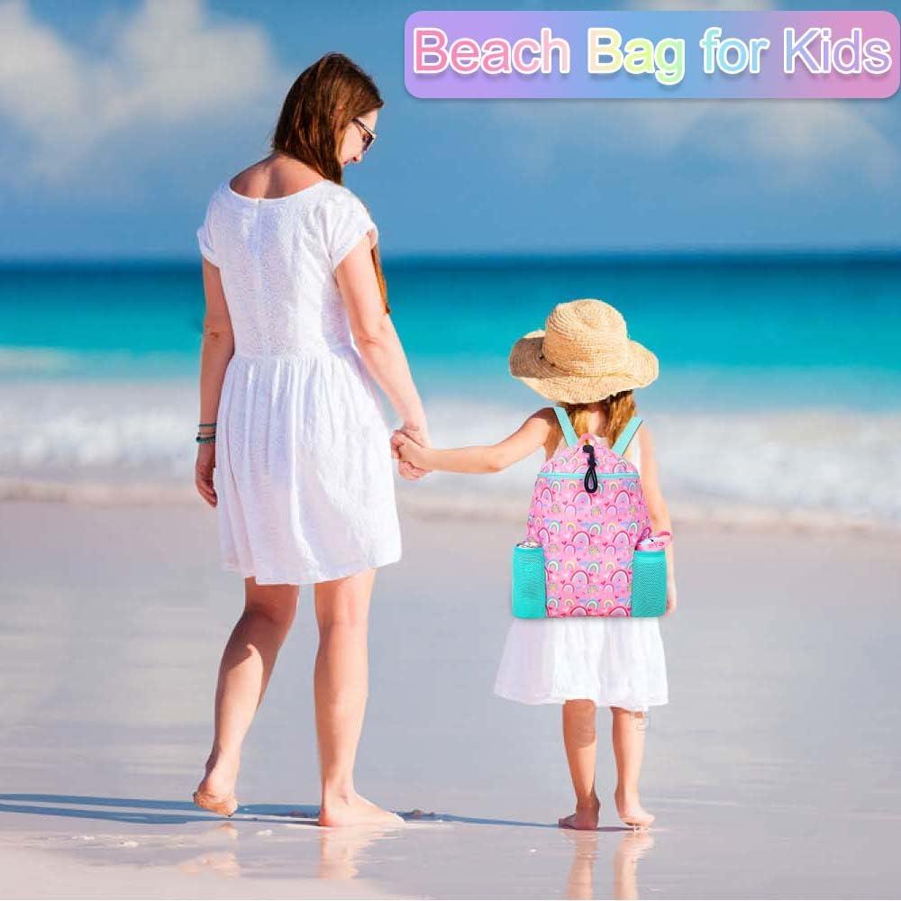 RHCPFOVR Rainbow Drawstring Backpack for Kids - Drawstring Bags for Girls Swim Bag for Beach Swimming Pool Lightweight Draw String Bags Waterproof Sports Gym Bag With Two Water Bottle Holder