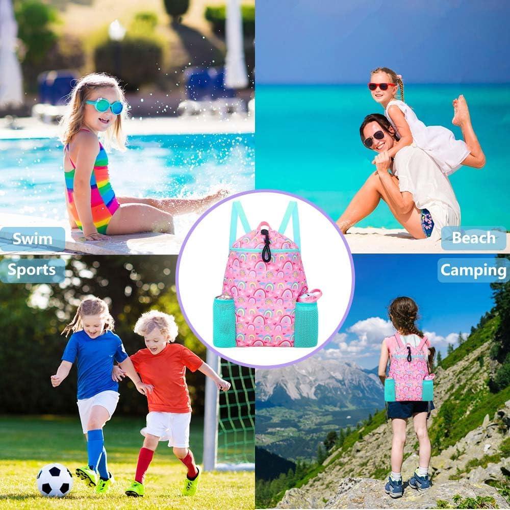 RHCPFOVR Rainbow Drawstring Backpack for Kids - Drawstring Bags for Girls Swim Bag for Beach Swimming Pool Lightweight Draw String Bags Waterproof Sports Gym Bag With Two Water Bottle Holder