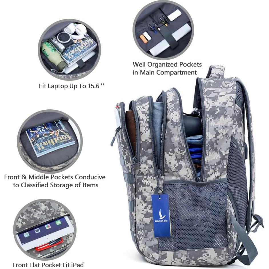 Mochila Escolar Militar Outdoor Plus 40L Camo con USB