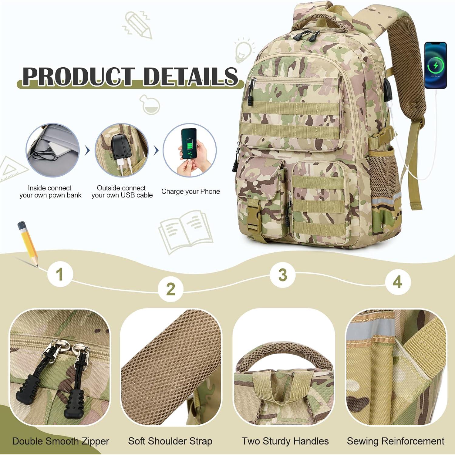 Mochila Camo Táctica para Niños con Almuerzo y Estuche