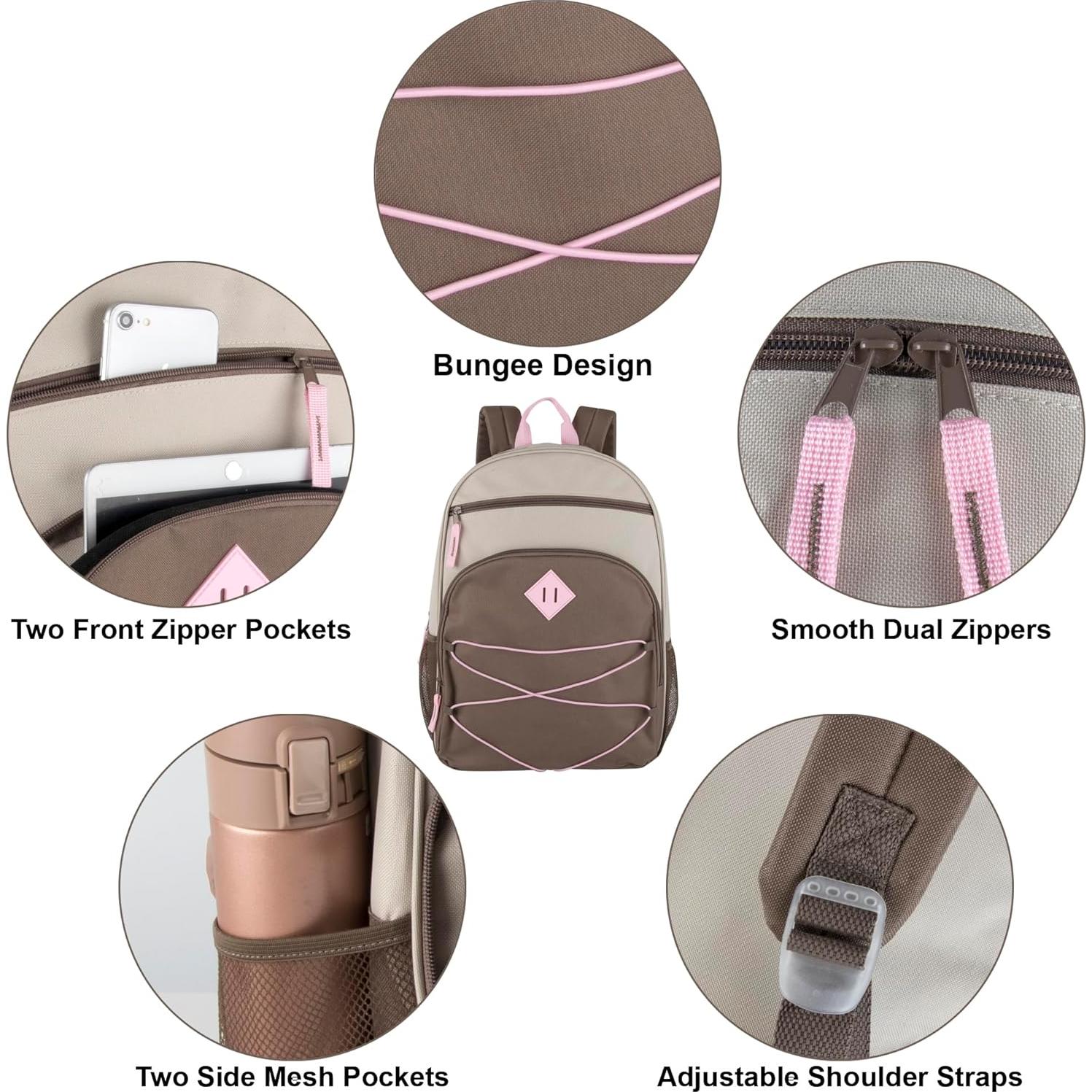 Summit Ridge Boys and Girls School Backpacks with Bungee Cord Front | 17” Multi Pocket Backpack for Kids, Teens, Adults, Travel (Khaki/Brown)