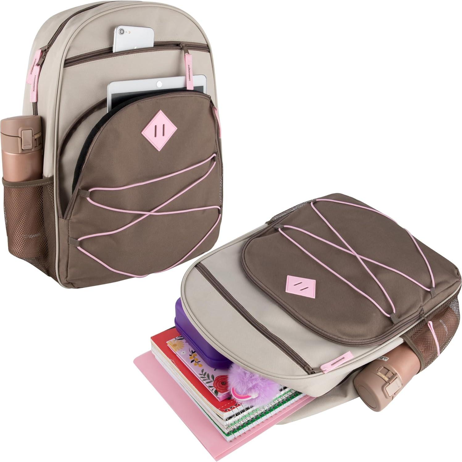 Summit Ridge Boys and Girls School Backpacks with Bungee Cord Front | 17” Multi Pocket Backpack for Kids, Teens, Adults, Travel (Khaki/Brown)