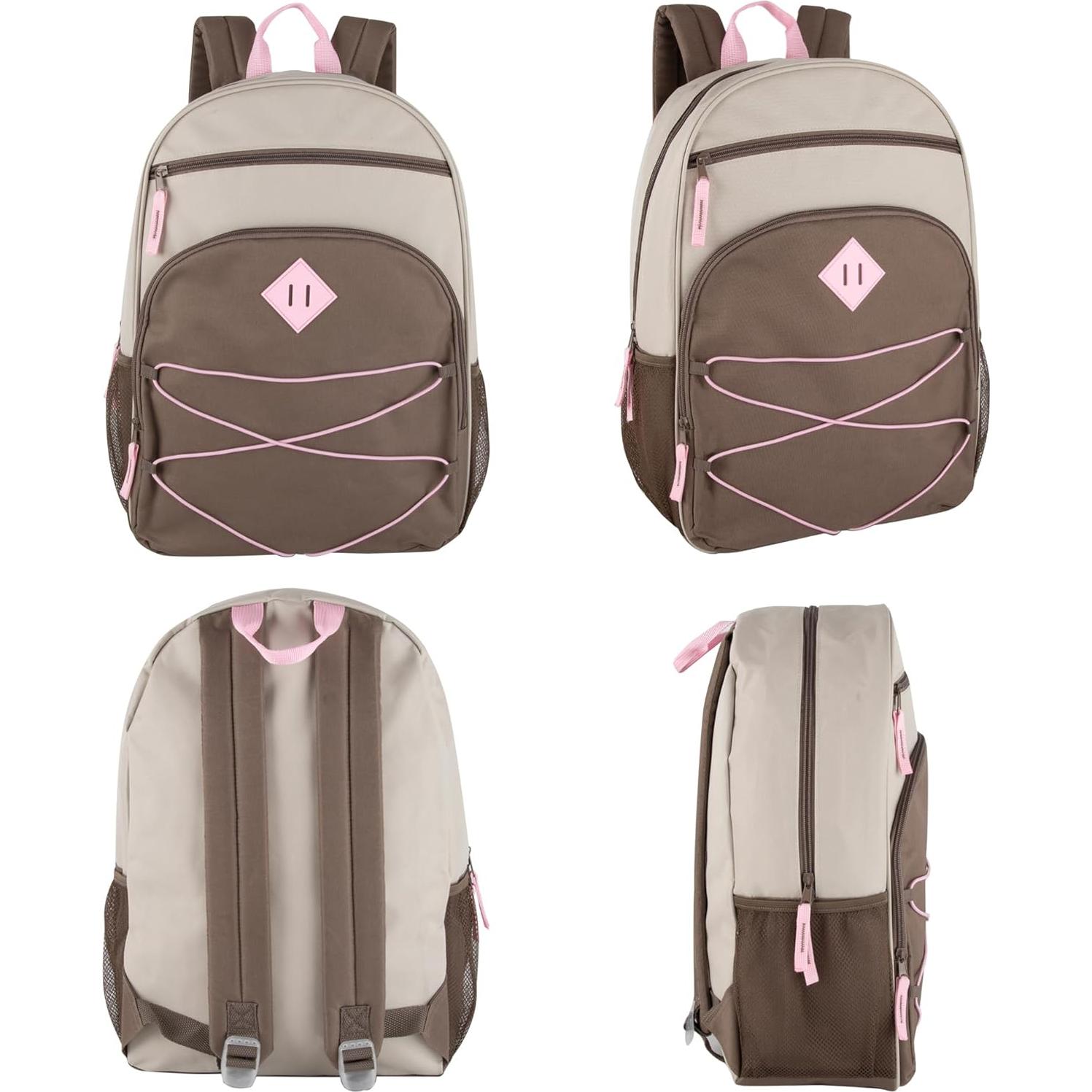 Summit Ridge Boys and Girls School Backpacks with Bungee Cord Front | 17” Multi Pocket Backpack for Kids, Teens, Adults, Travel (Khaki/Brown)