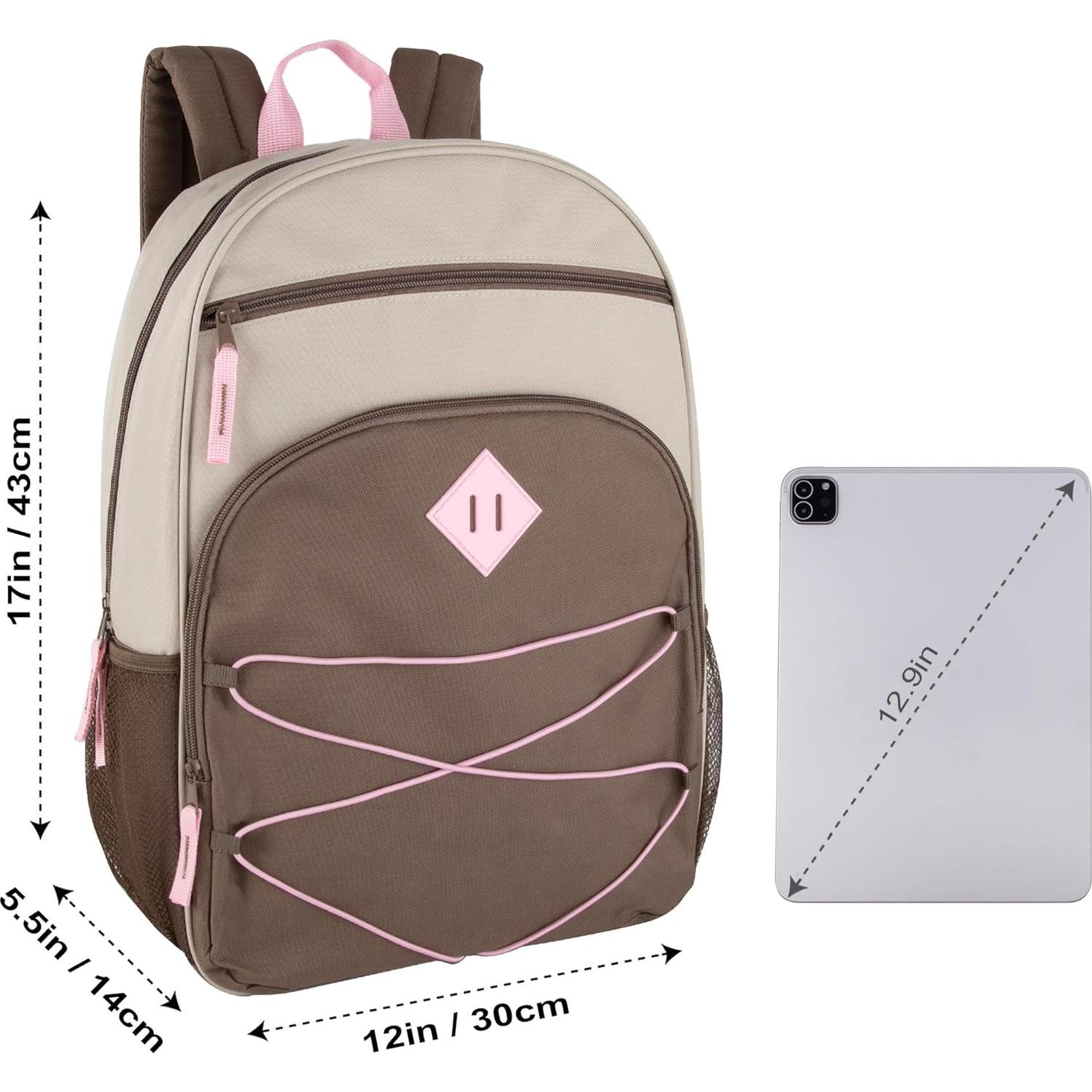 Summit Ridge Boys and Girls School Backpacks with Bungee Cord Front | 17” Multi Pocket Backpack for Kids, Teens, Adults, Travel (Khaki/Brown)