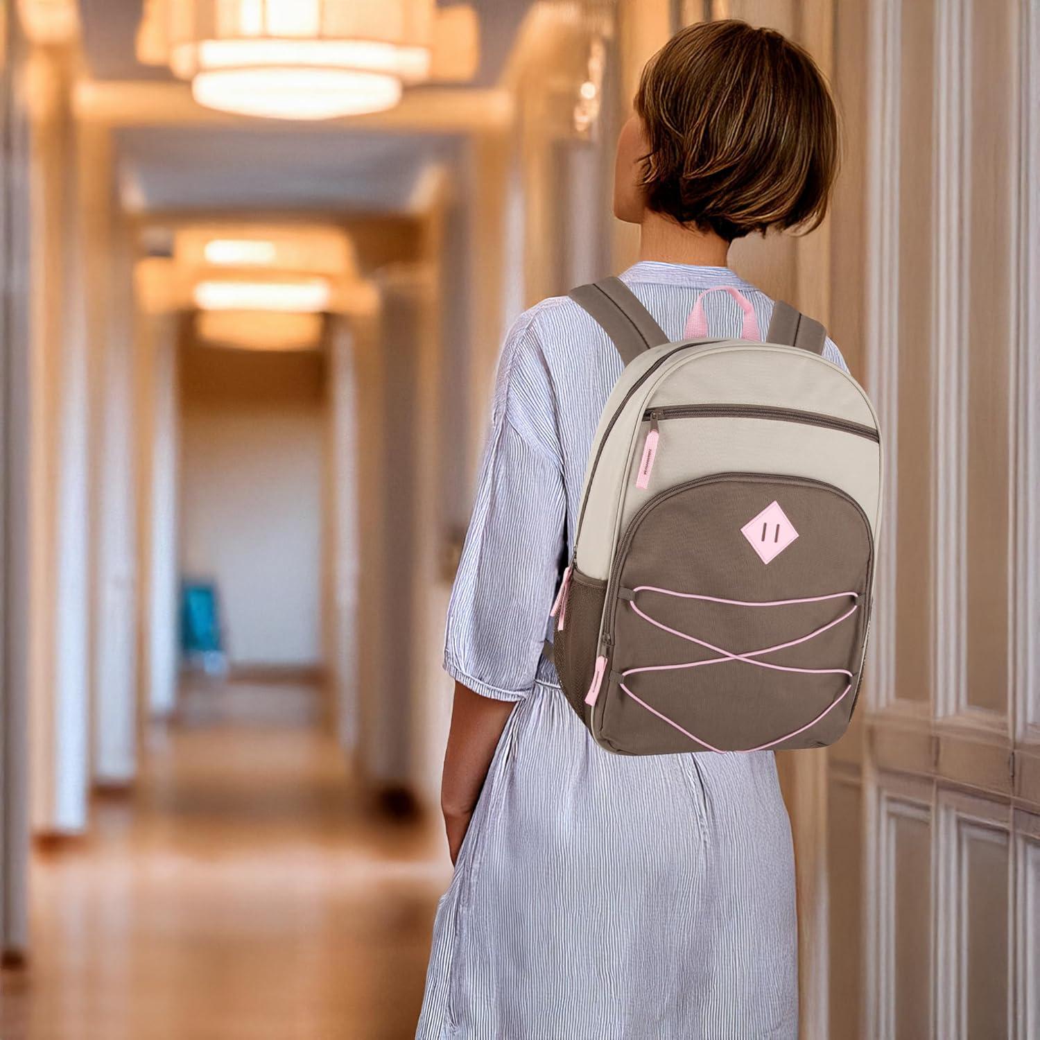 Summit Ridge Boys and Girls School Backpacks with Bungee Cord Front | 17” Multi Pocket Backpack for Kids, Teens, Adults, Travel (Khaki/Brown)