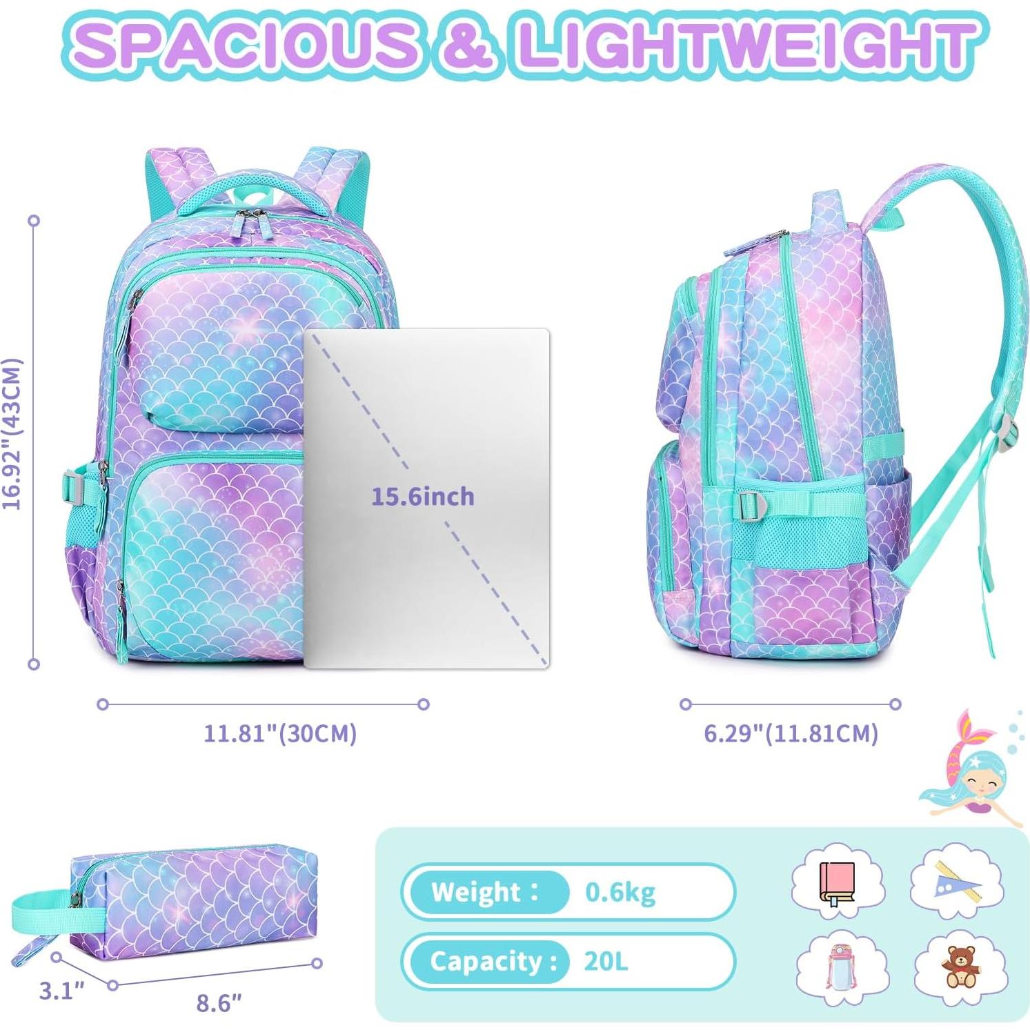 Mochila Escolar ASKSKY Sirena Verde con Estuche 45x20x33cm