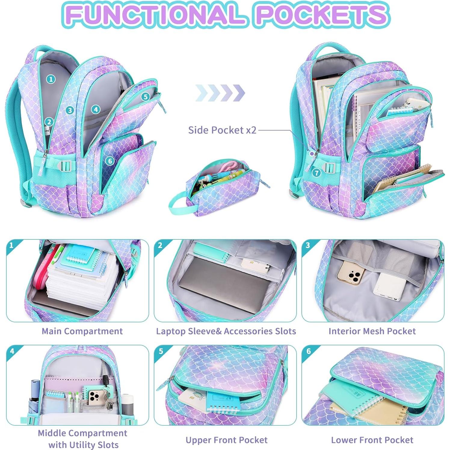 Mochila Escolar ASKSKY Sirena Verde con Estuche 45x20x33cm