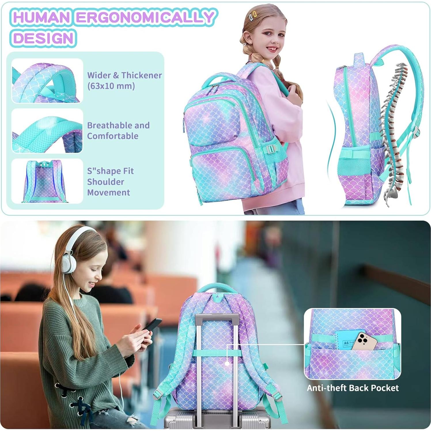 Mochila Escolar ASKSKY Sirena Verde con Estuche 45x20x33cm