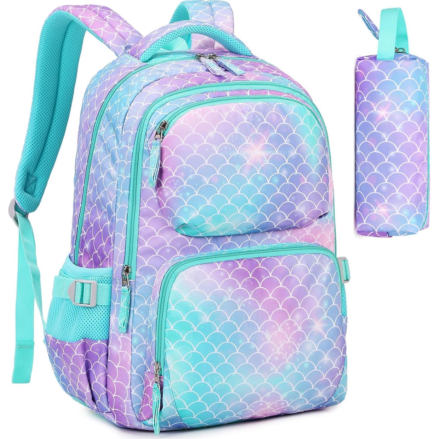 Mochila Escolar ASKSKY Sirena Verde con Estuche 45x20x33cm