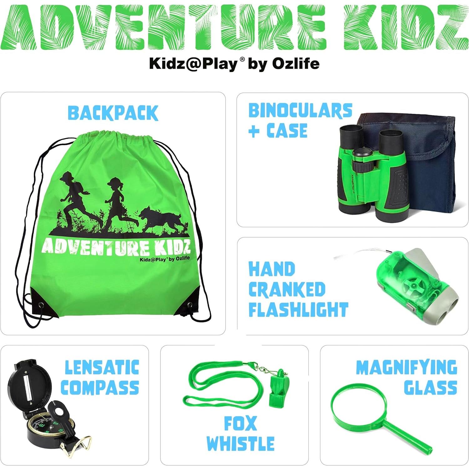 Kit de Exploración al Aire Libre Adventure Kidz - Binoculares, Linterna, Brújula, Lupa, Mochila