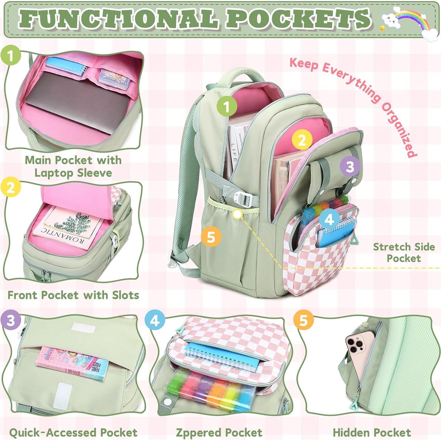 Mochila Escolar MUSEVOS Verde 3 Piezas Resistente al Agua