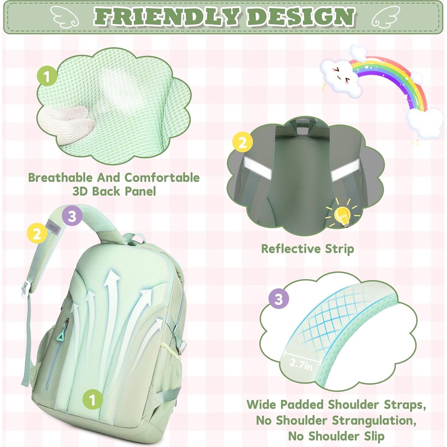 Mochila Escolar MUSEVOS Verde 3 Piezas Resistente al Agua