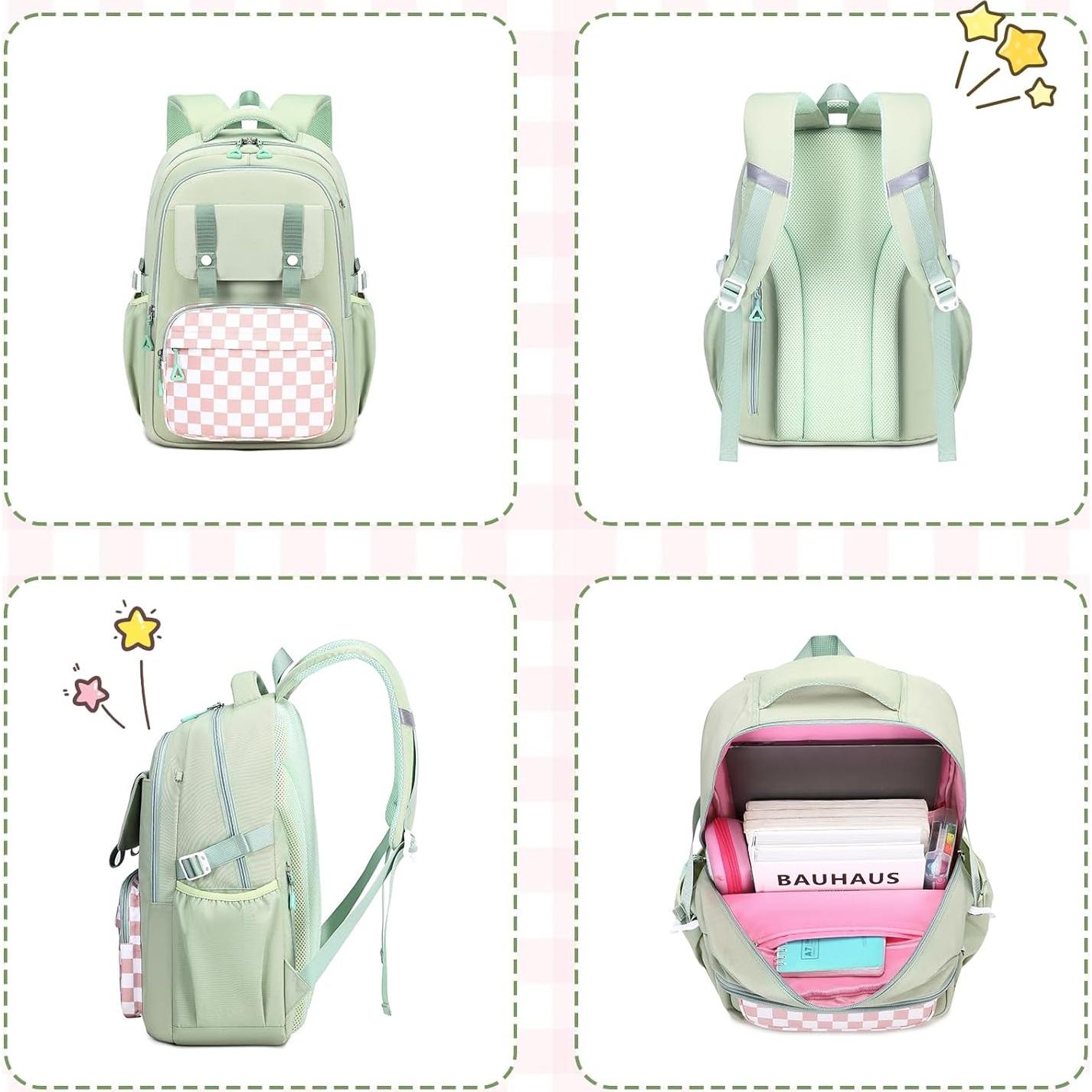 Mochila Escolar MUSEVOS Verde 3 Piezas Resistente al Agua