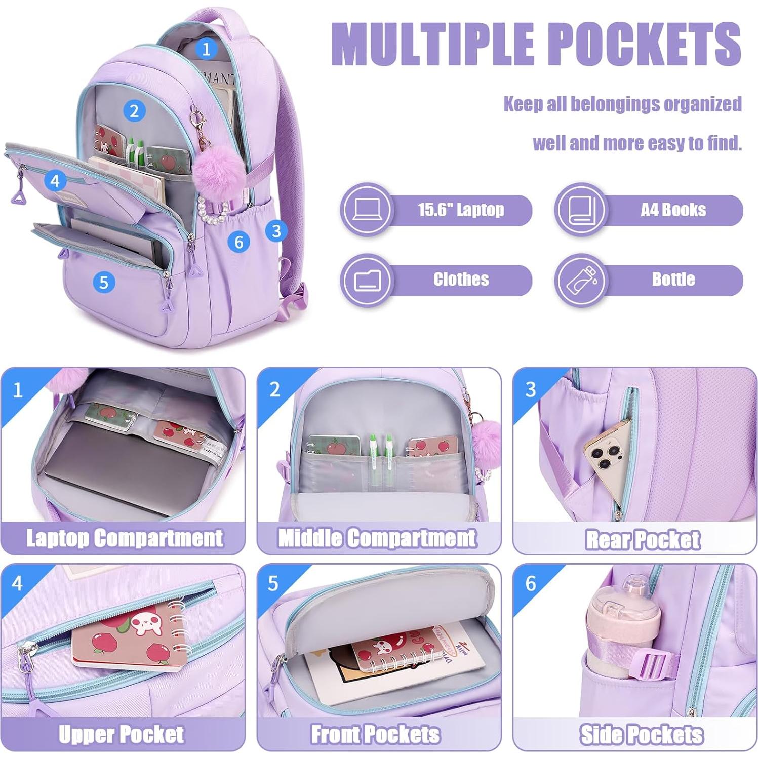 Mochila Escolar para Niñas MOONBABY Púrpura 45x18x34 cm