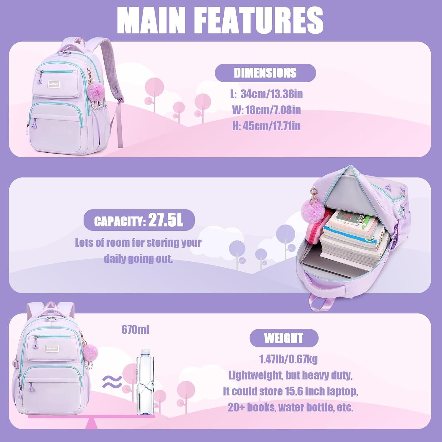 Mochila Escolar para Niñas MOONBABY Púrpura 45x18x34 cm