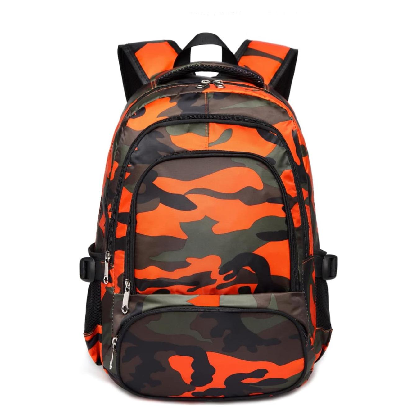 Mochila Escolar BLUEFAIRY 17" Niños 6-8 Años Camo Naranja
