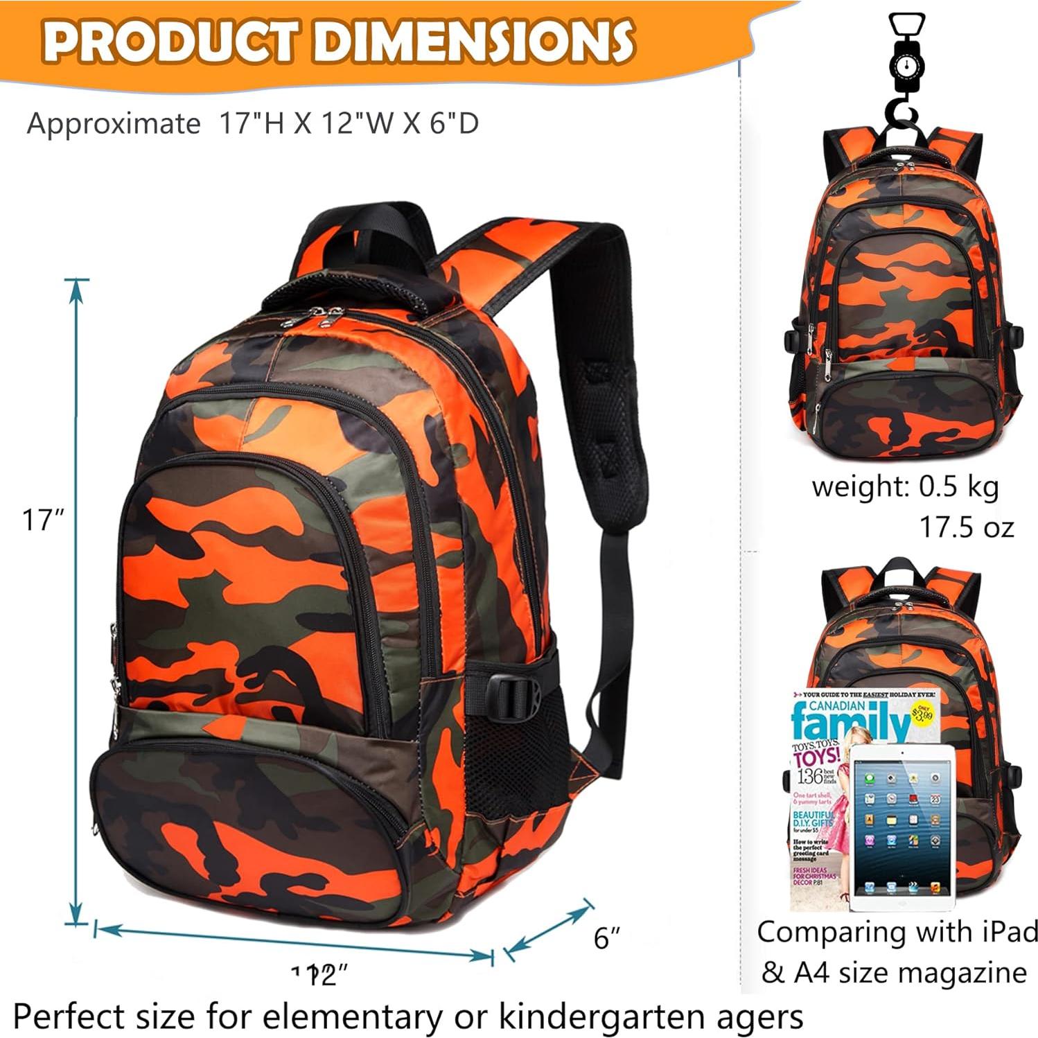 Mochila Escolar BLUEFAIRY 17" Niños 6-8 Años Camo Naranja