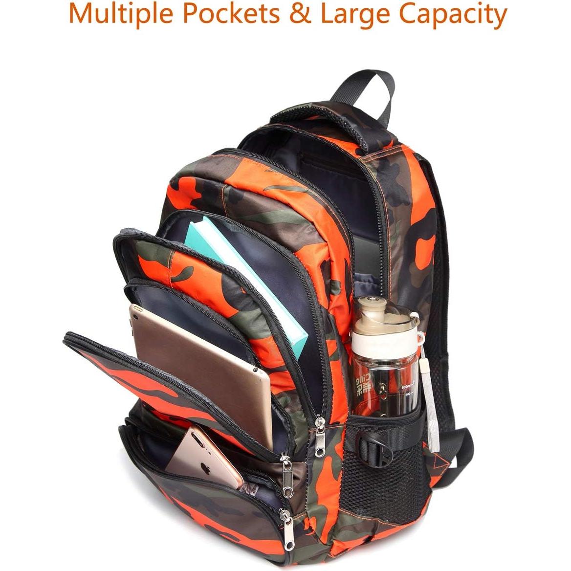 Mochila Escolar BLUEFAIRY 17" Niños 6-8 Años Camo Naranja