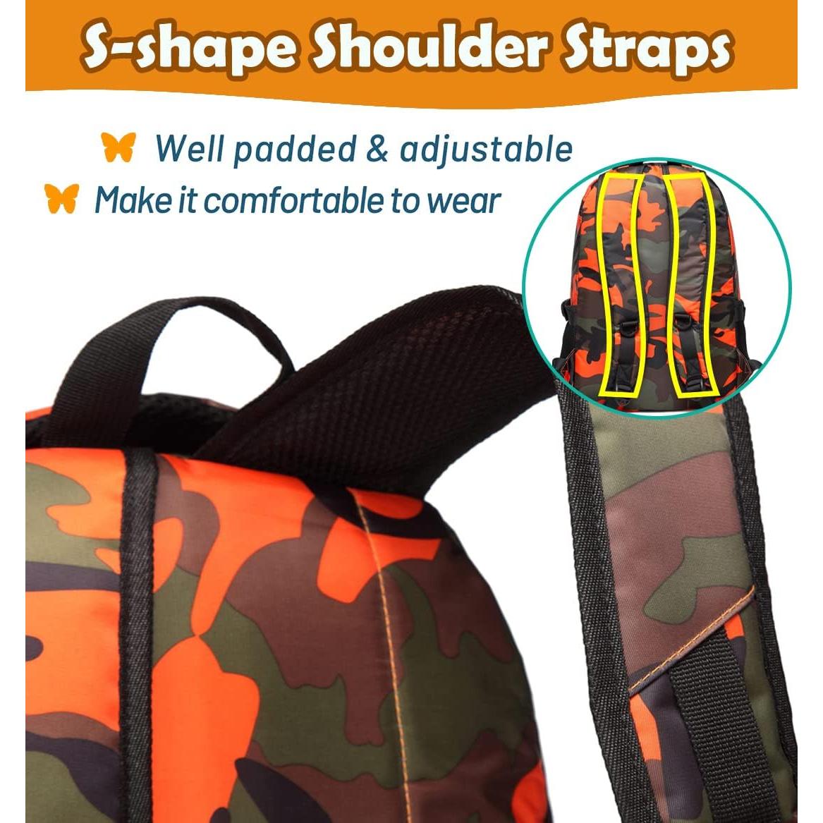 Mochila Escolar BLUEFAIRY 17" Niños 6-8 Años Camo Naranja