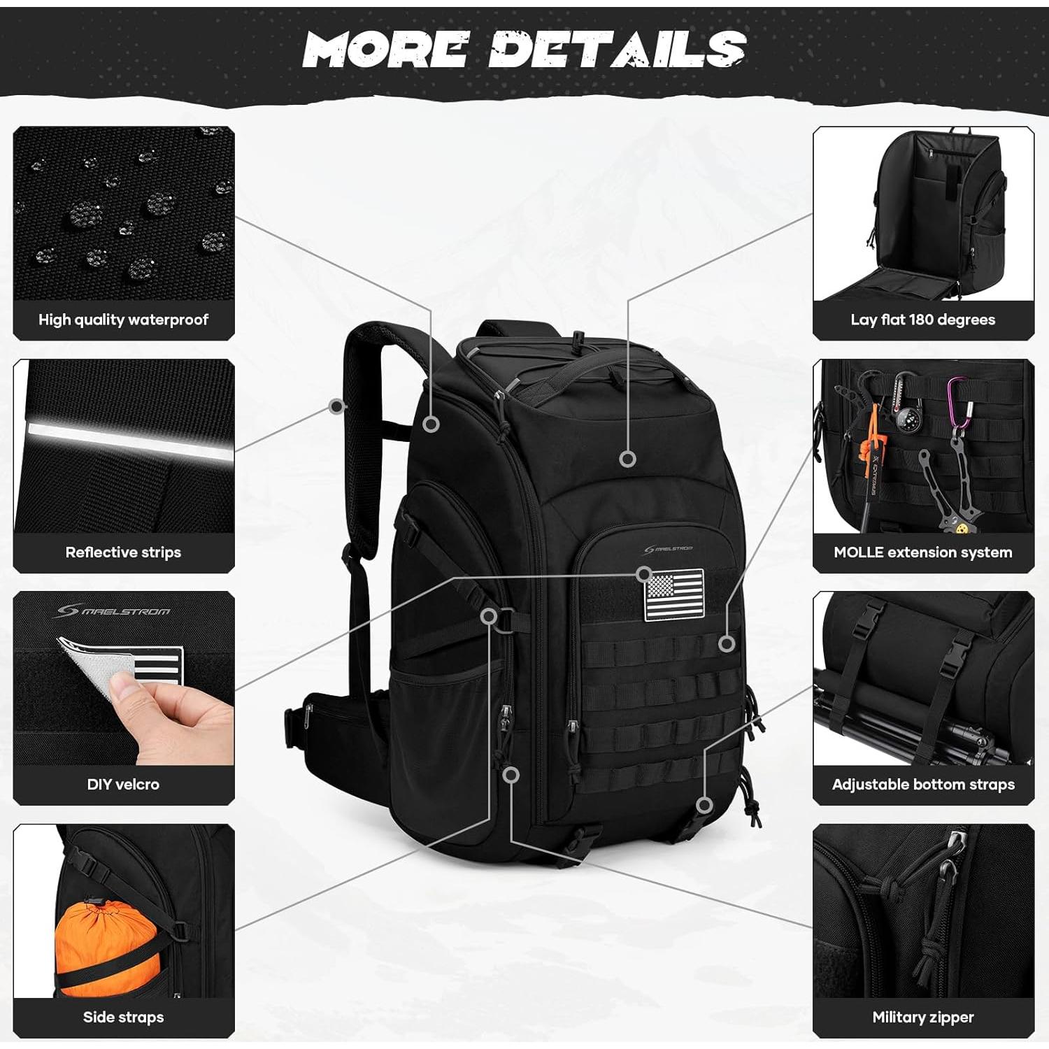 Maelstrom Tactical Backpack for Men, Water Resistant 40L Military Backpack, for Hiking, Camping, Gym with Molle System (Black)