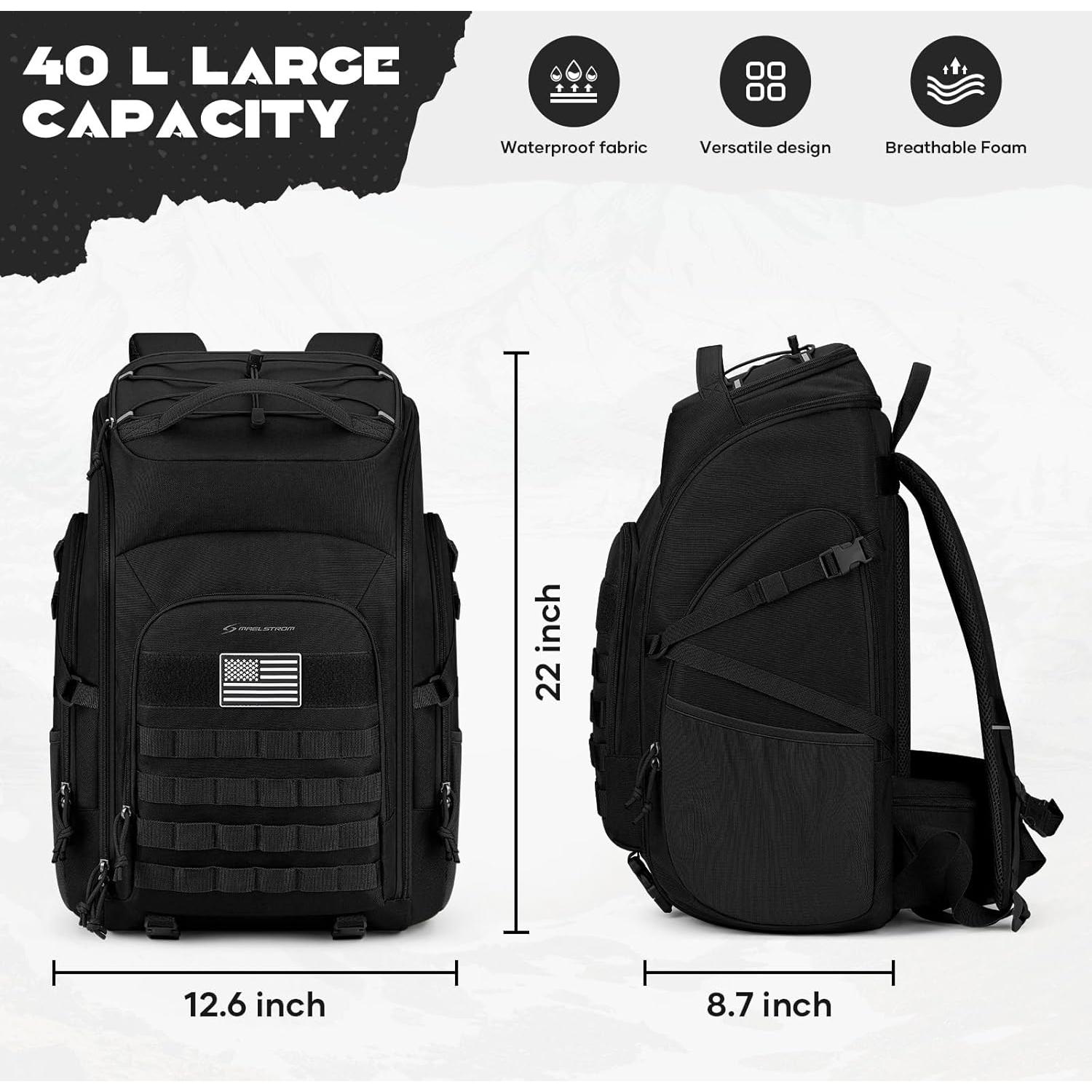 Maelstrom Tactical Backpack for Men, Water Resistant 40L Military Backpack, for Hiking, Camping, Gym with Molle System (Black)