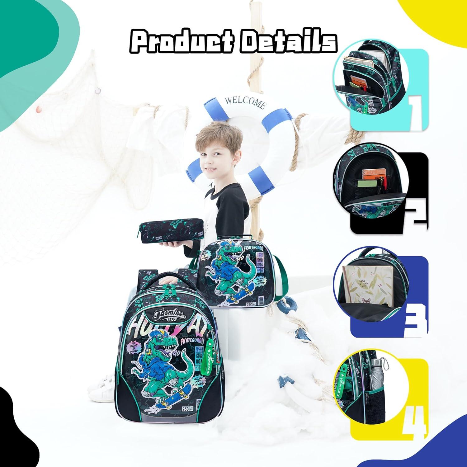 Mochila Escolar para Niños 6-12 Años con Almuerzo Dinosaurio