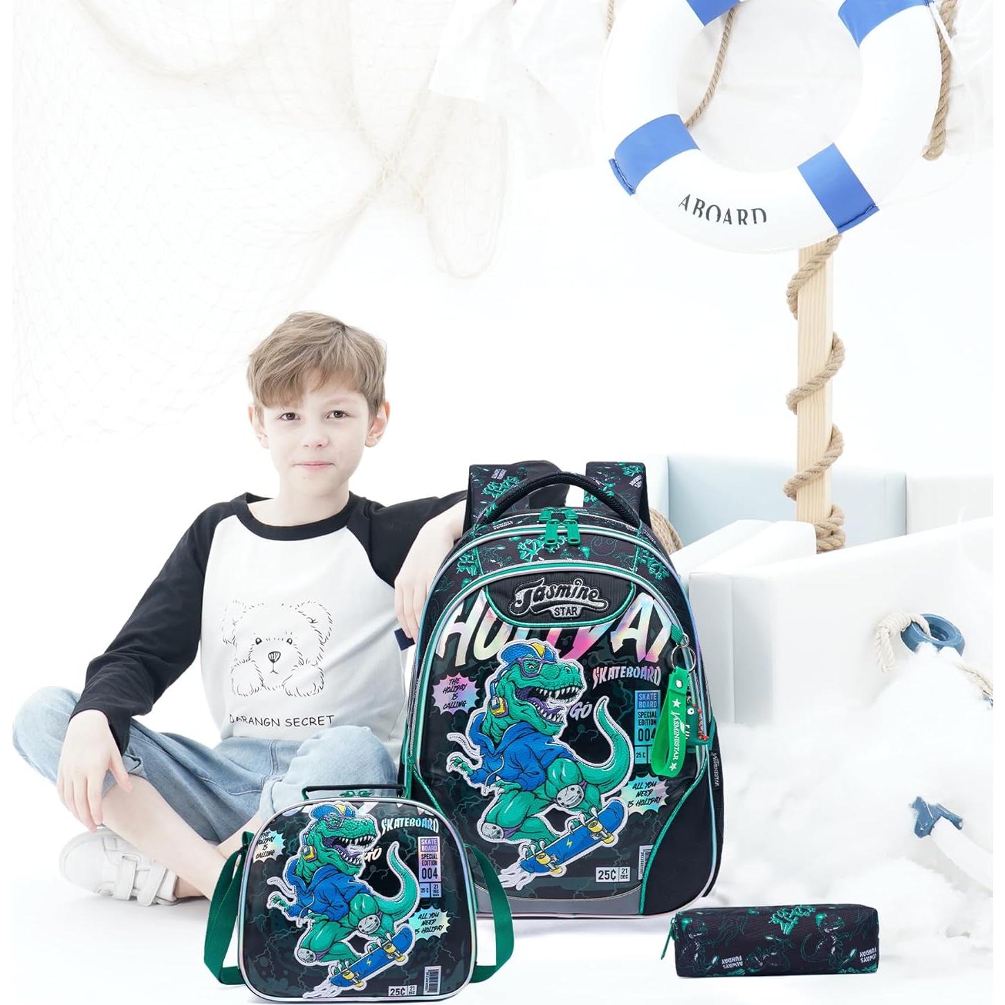 Mochila Escolar para Niños 6-12 Años con Almuerzo Dinosaurio