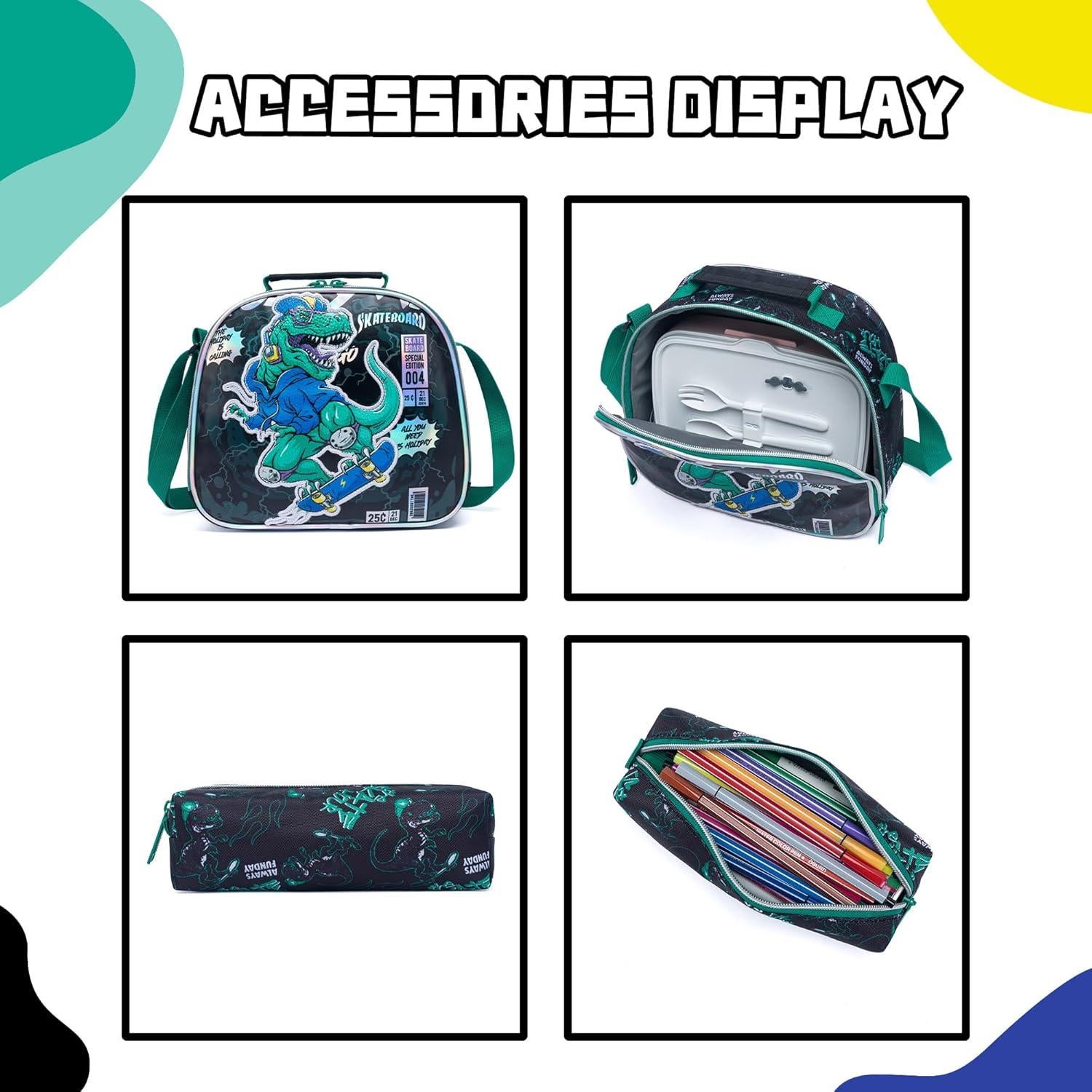 Mochila Escolar para Niños 6-12 Años con Almuerzo Dinosaurio