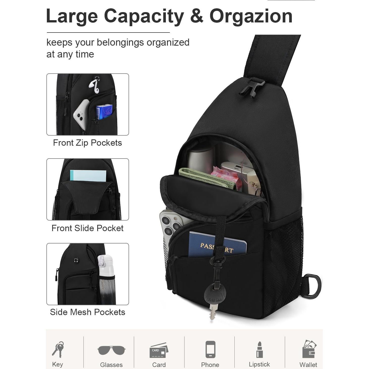 Mochila Bandolera Impermeable Pritent Mediana Negra 6L