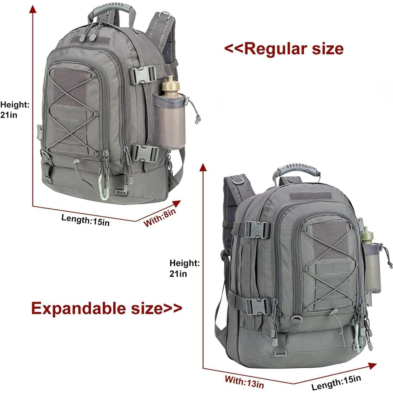 Mochila táctica expandible 39-64L Molle gris para senderismo